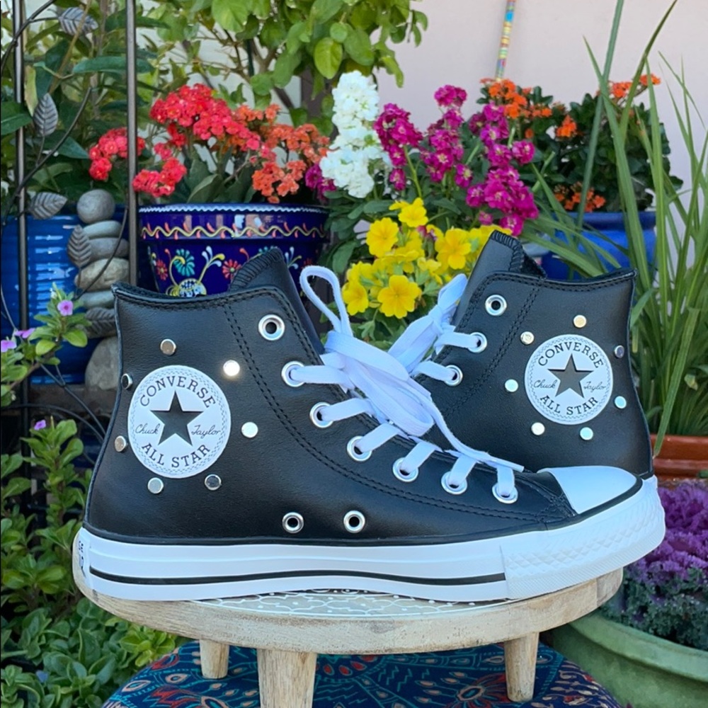 Leather & Silver Studded Converse Hi Tops Sz 7 - Picture 6 of 16